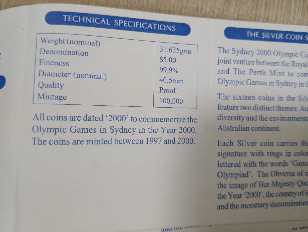 王立造幣局発行 オーストラリア シドニーオリンピック銀貨 純銀 総重量 221g