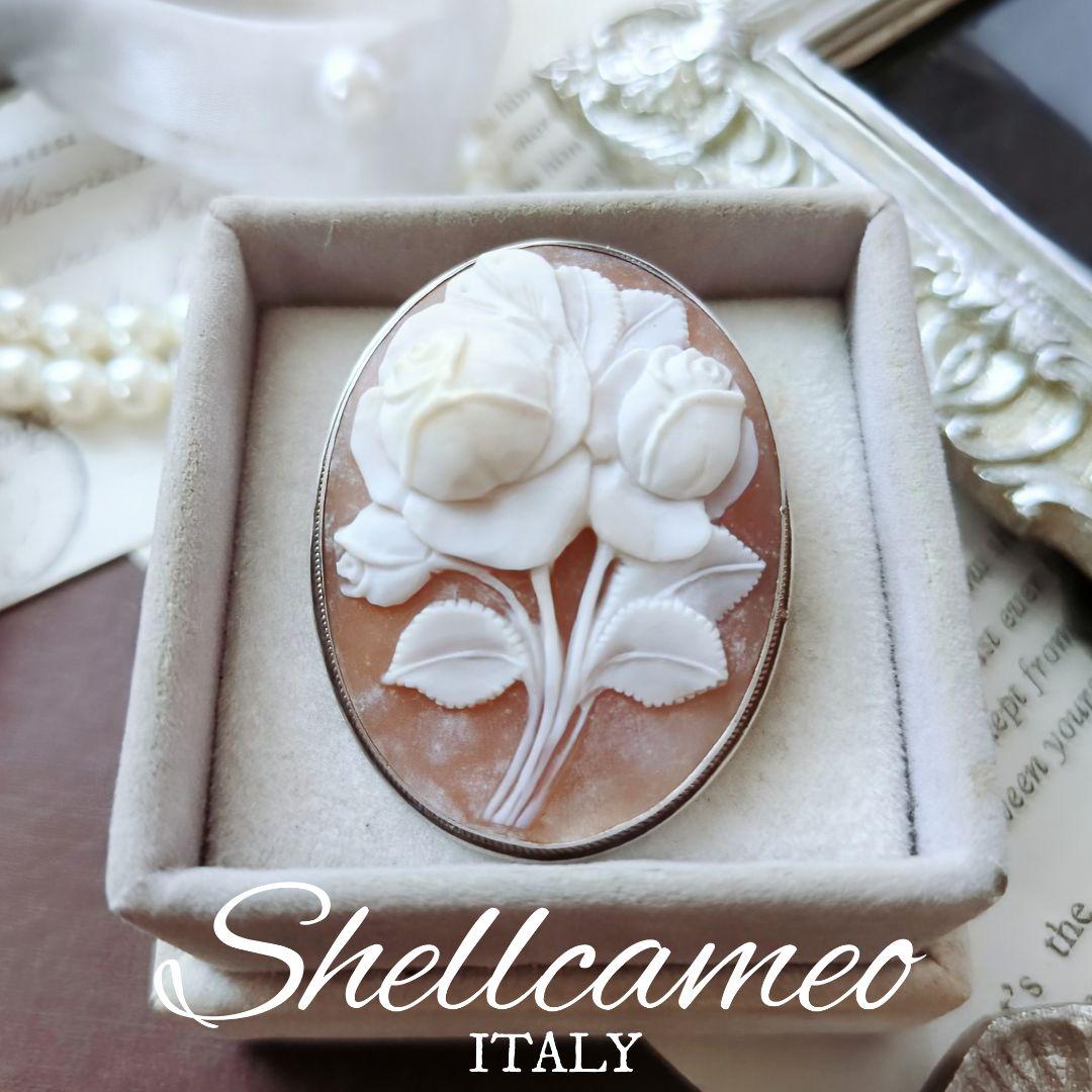 ITALY SILVER900 シェルカメオ ローズ ブローチ ペンダント 薔薇