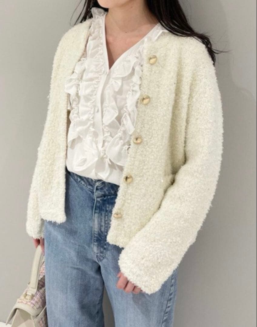 美品セルフォード2点/ツィードニットジャケット/割線フリルチュニックブラウス