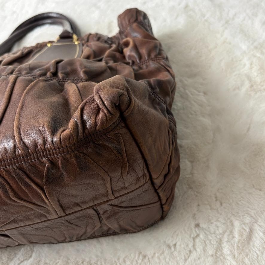 真贋済　PRADA プラダ　ハンドバッグ　羊革　ゴーフル　ブラウン