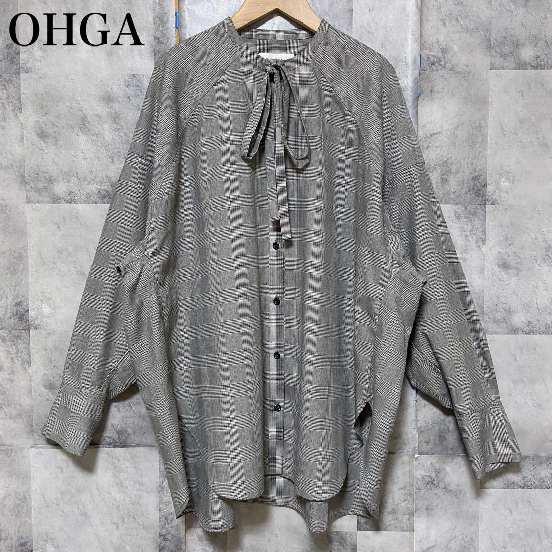 【OHGA】オーバーサイズリボンボウタイブラウス チェック柄 FREE グレー