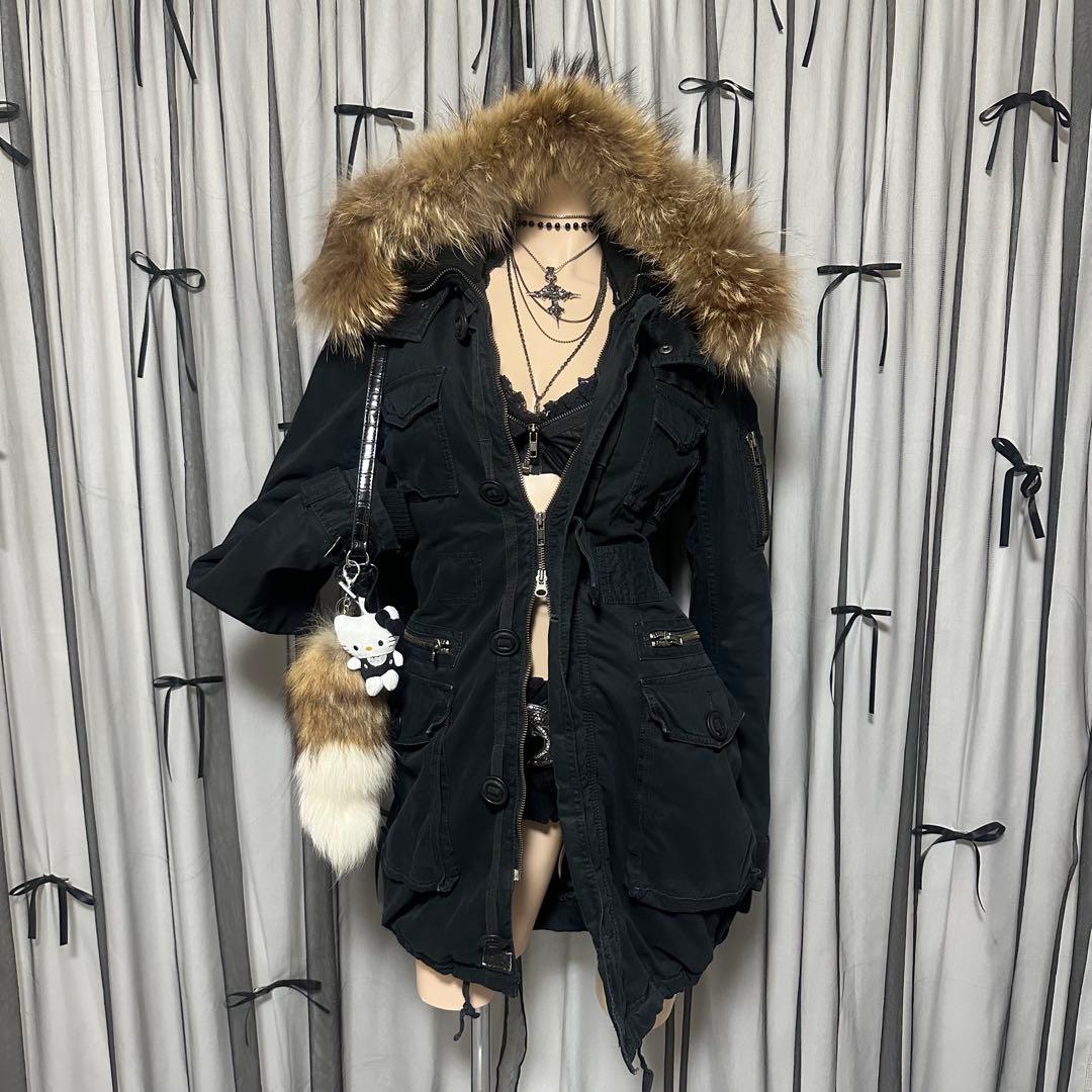 平成ギャル y2k　リアルファー付きミニタリーモッズコート　黒　グランジ　ダウン