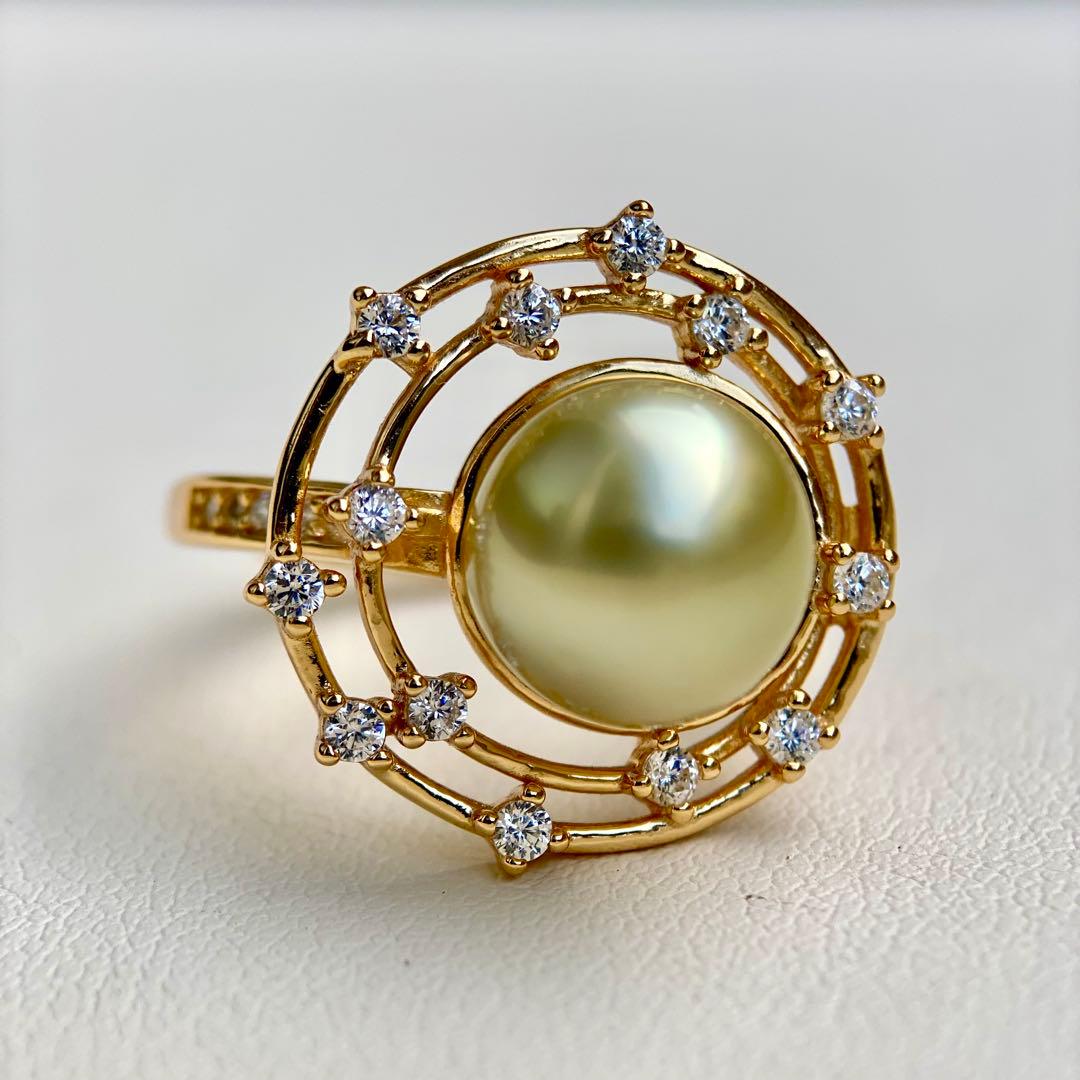 本真珠南洋白蝶真珠　茶金(緑)9.6㍉s925リングY1023