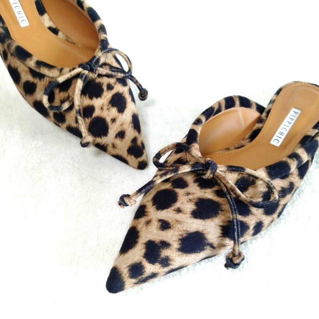 美シルエット！ピッピシック レオパード ヒョウ柄 ポインテッドトゥ ミュール