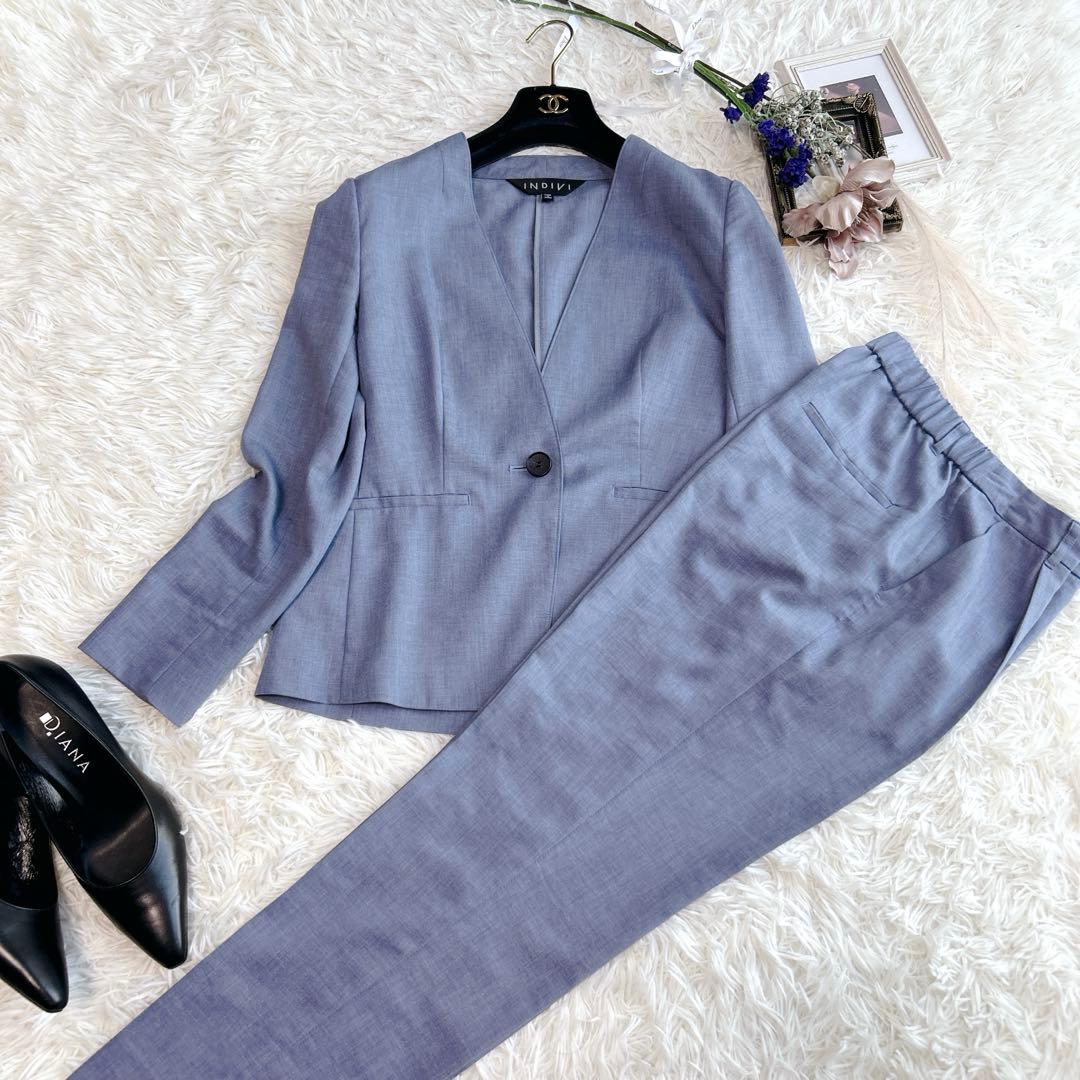 美品✨洗える☆インディヴィ　ノーカラー＆パンツセットアップ　38 M リネン