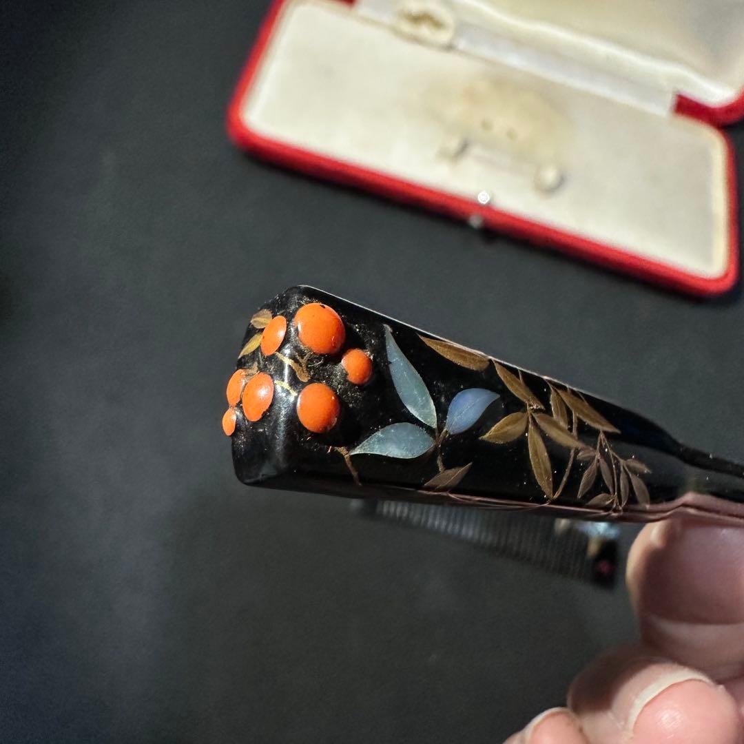 大正アンティーク　鼈甲　櫛笄　黒漆螺鈿細工　金細工髪飾り