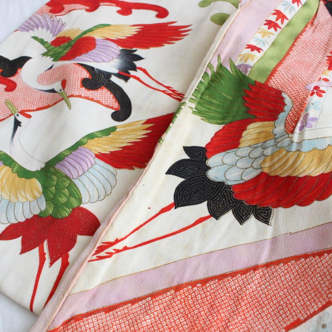 七五三 3歳 女の子 子供 アンティーク 鶴 着物 被布 セット