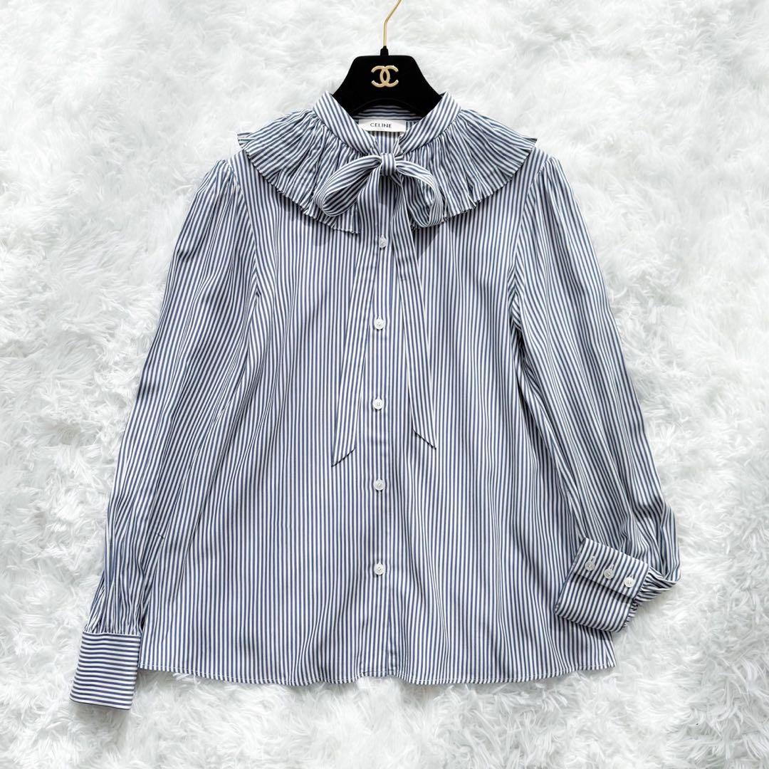 CELINE エディ期 ボウタイ付フリルカラーブラウス シルク ストライプ 34