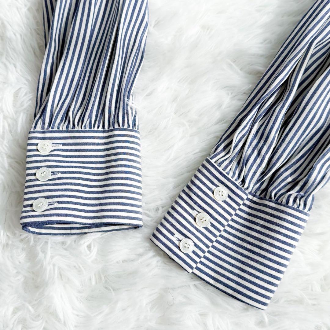 CELINE エディ期 ボウタイ付フリルカラーブラウス シルク ストライプ 34