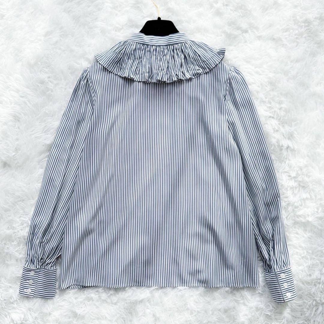 CELINE エディ期 ボウタイ付フリルカラーブラウス シルク ストライプ 34