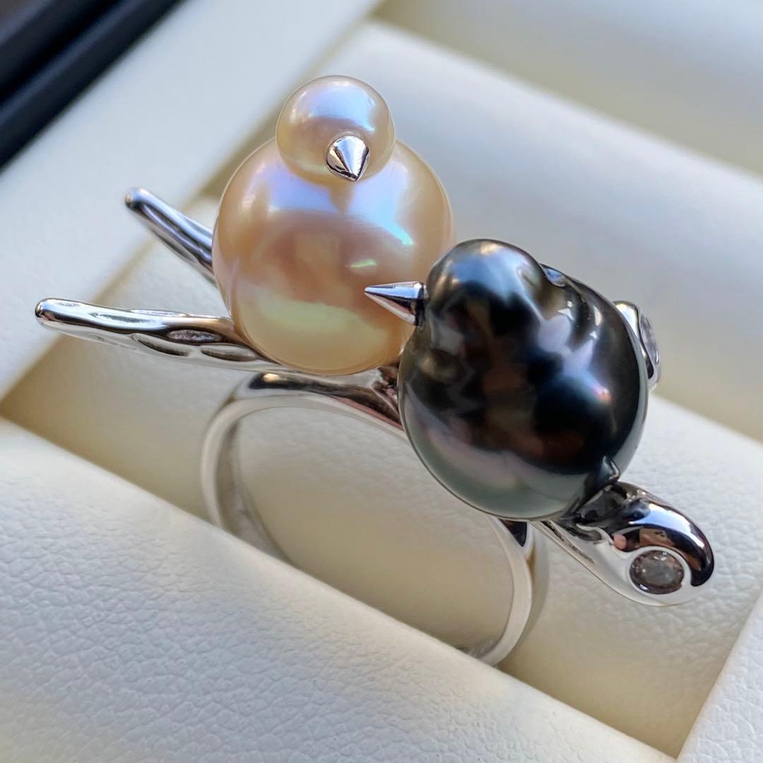 本真珠　南洋黒蝶真珠&白蝶真珠ダブルリング「鳥と枝」グリーンゴールドL1268