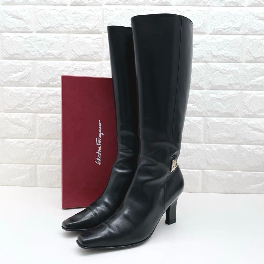 サルヴァトーレ フェラガ ロングブーツ ガンチーニ レザー ブラック23.5cm