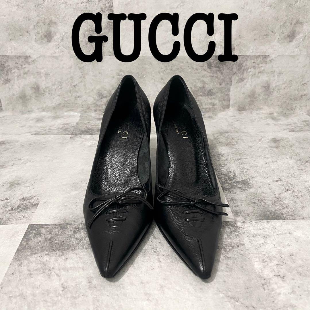 GUCCI グッチ リボン ヒール パンプス レザー シボ バレエコア 36 黒