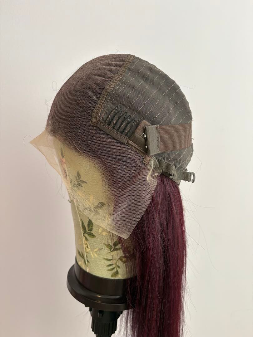 【新品】人毛100%フルウィッグ｜カシスレッド｜耳かけ・自然なもみあげ｜ロング