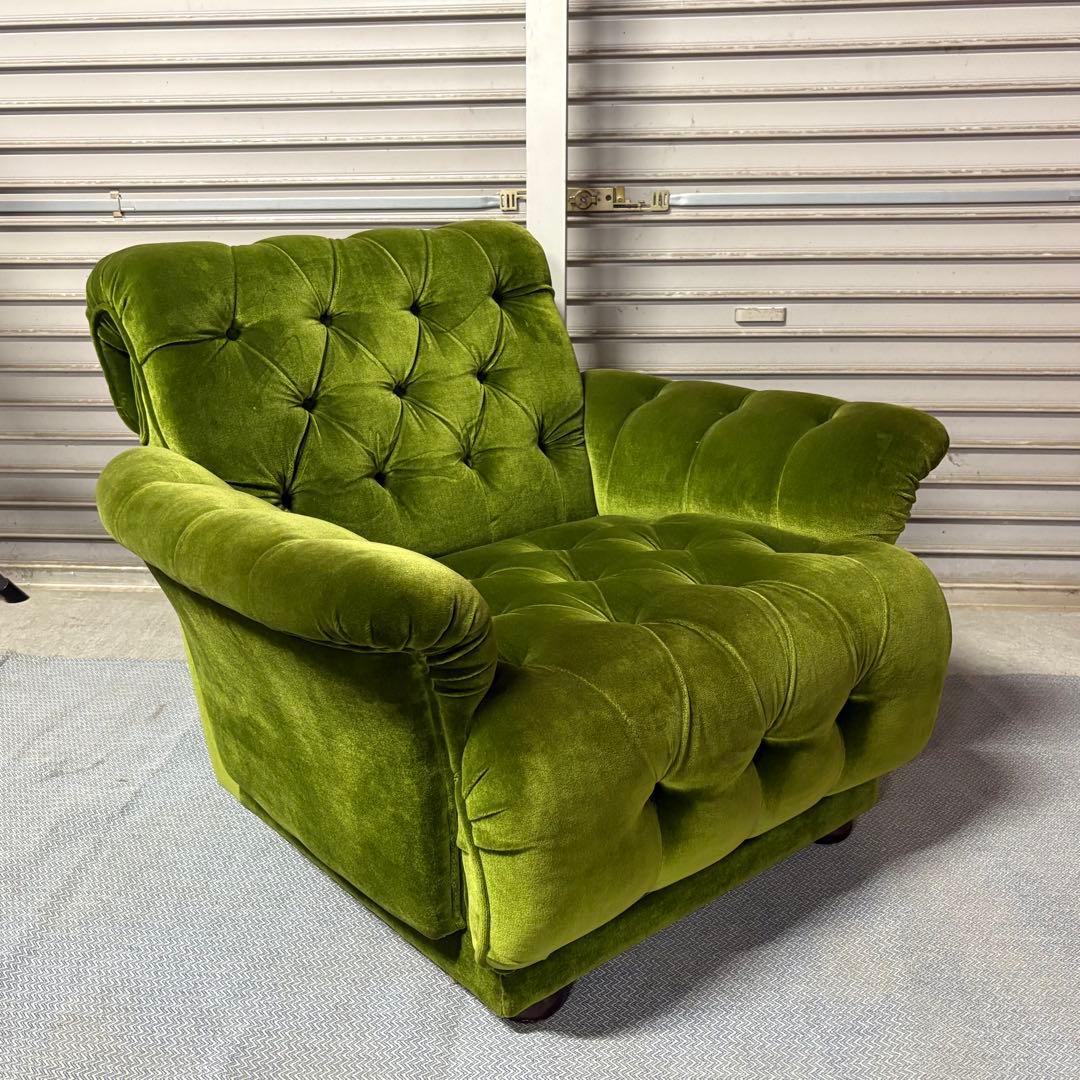 ☆GJ206山口県下松市より オールドカリモク 1人がけソファ　モケットグリーン