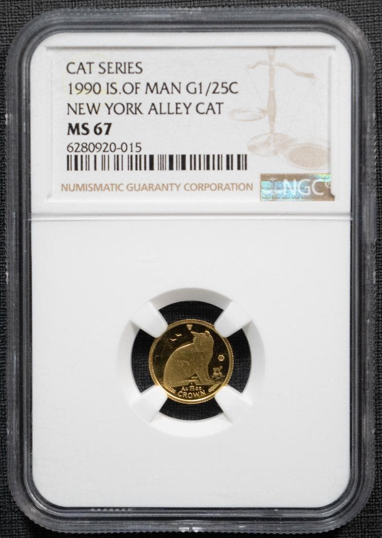 1990 マン島 クラウン キャット金貨 NGC MS67 1/25 エリザベス