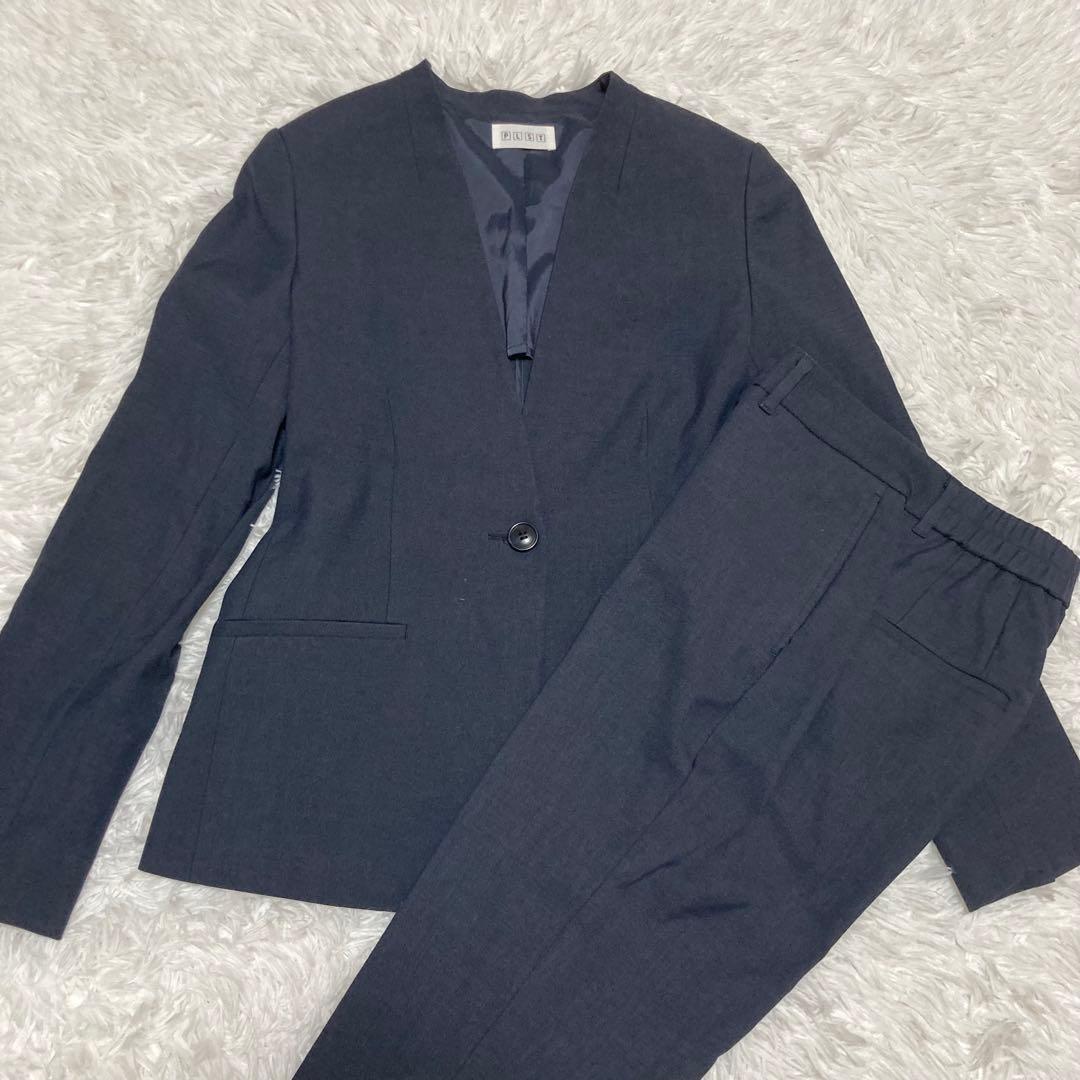 PLST スーツ　セットアップ　ノーカラー　Lサイズ　リネン混　ネイビー