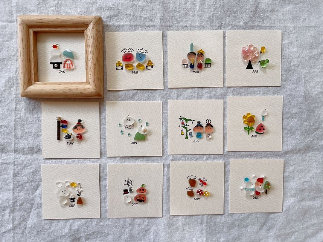 シーグラスアート　オーダー　12ヶ月カレンダー・干支　ミニサイズ