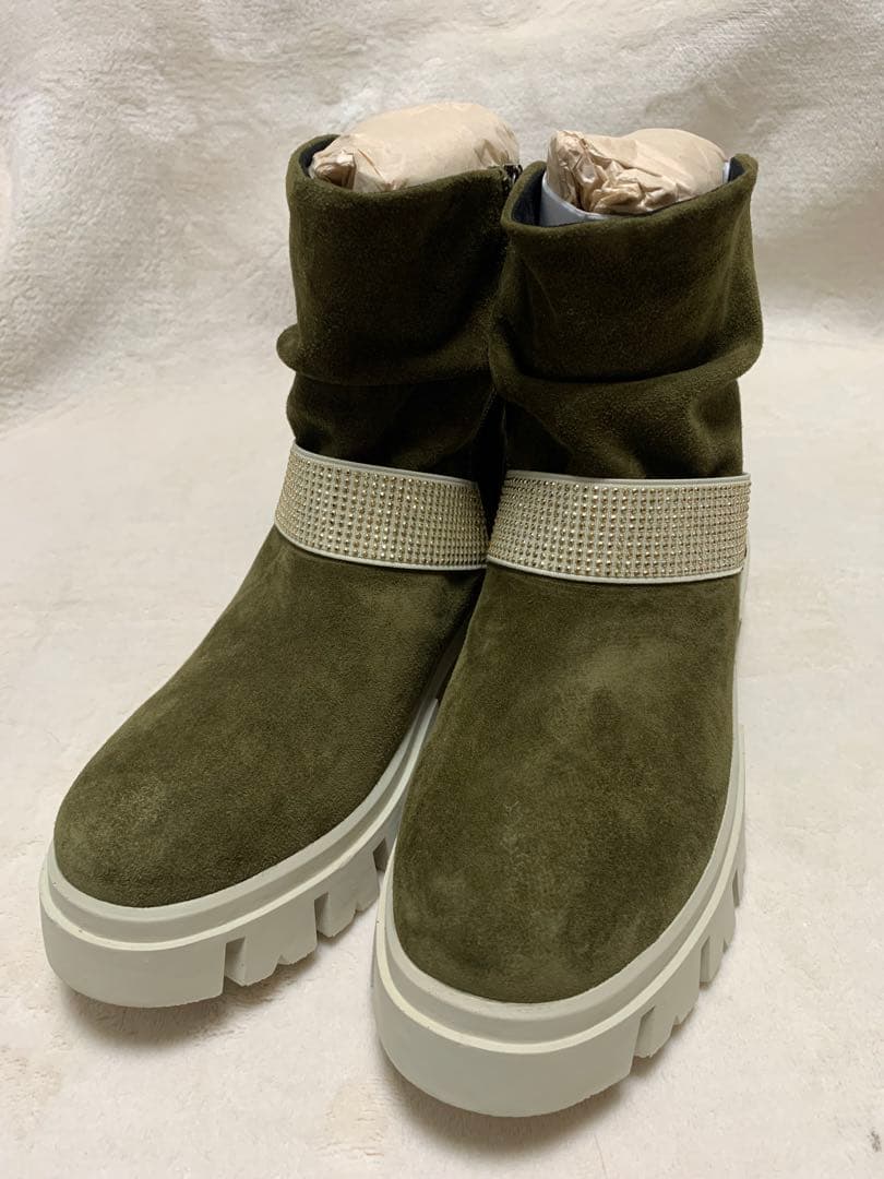 新品 bussola 撥水 山羊革 ラインストーンベルト ギャザー厚底ブーツ①