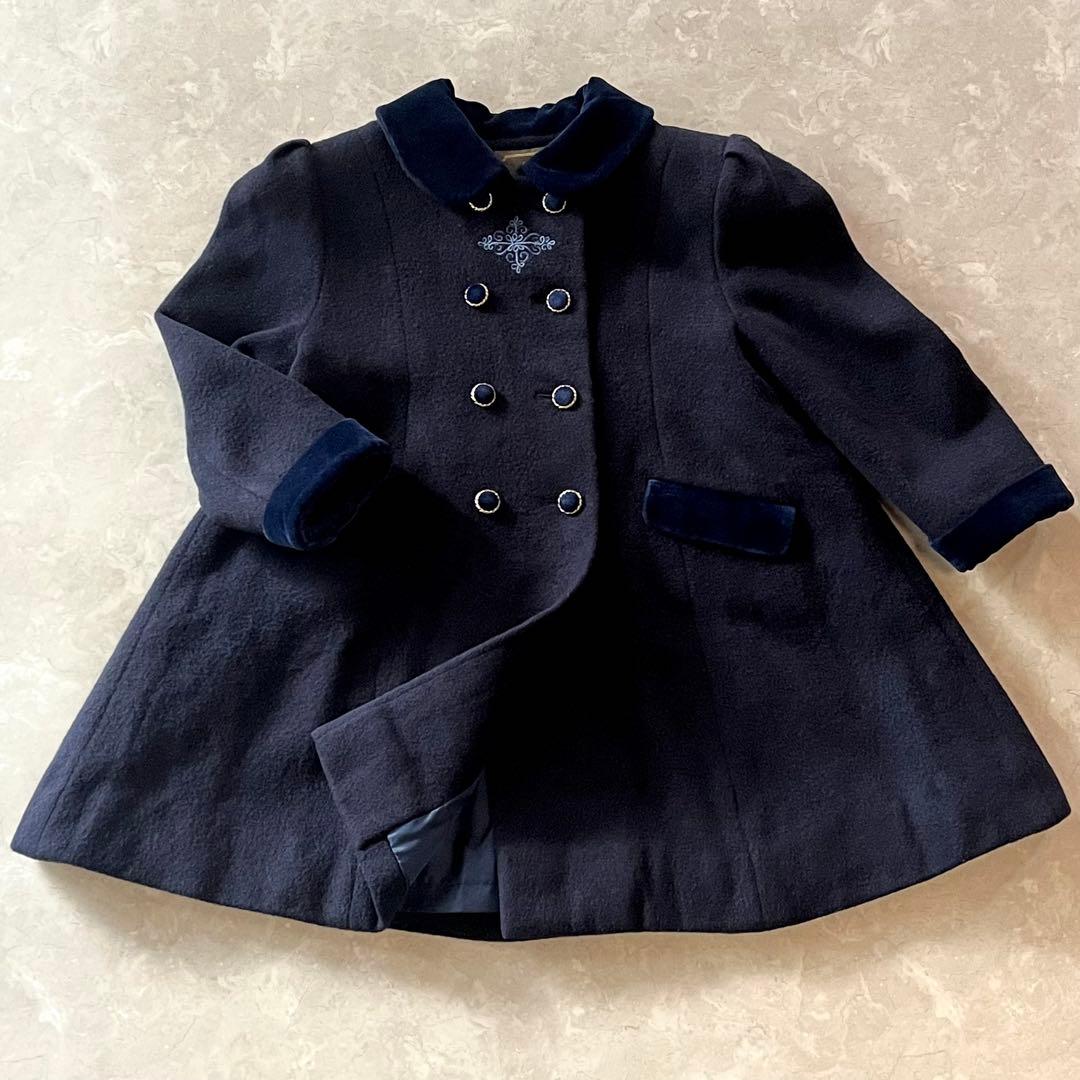 極美品☆ファミリア Aライン ウールコート 110 濃紺 金ボタン ベルベット