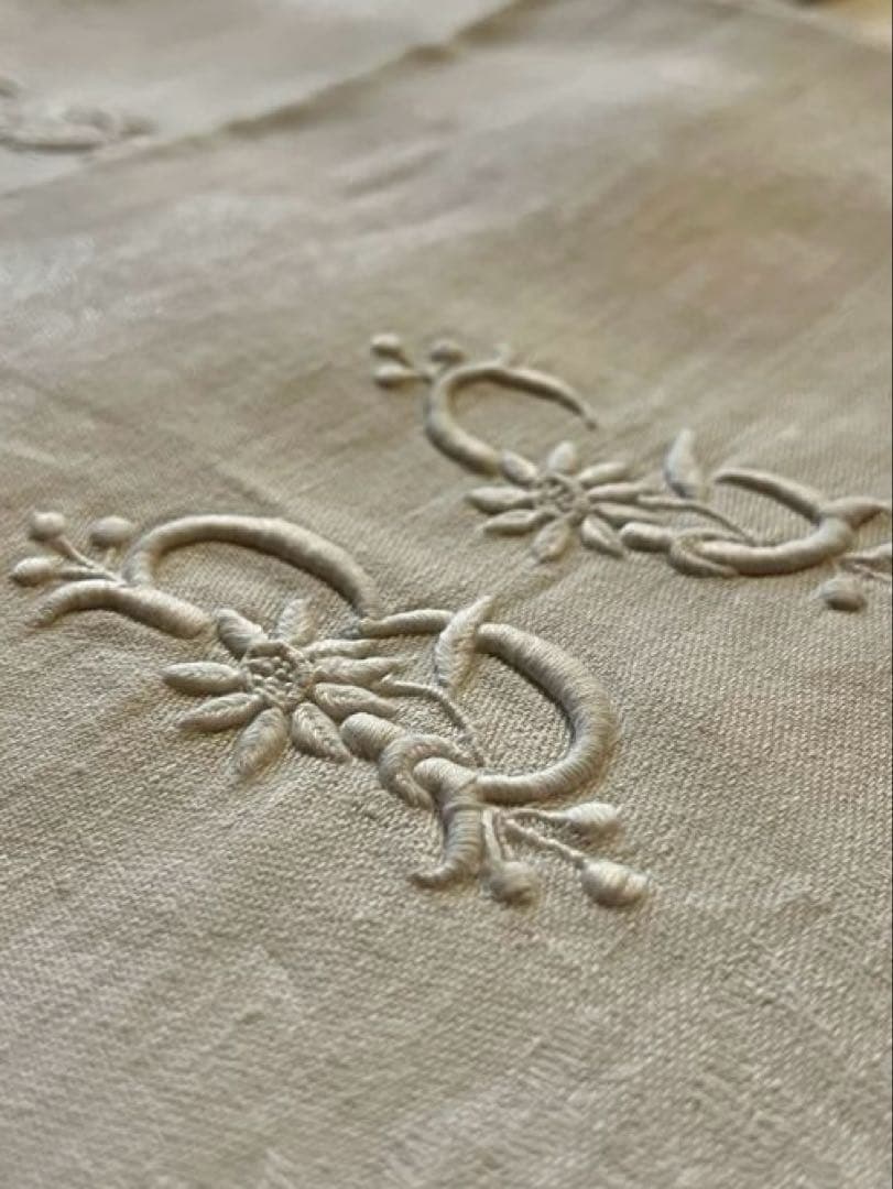 ◆フランスアンティーク｜イニシャル刺繍トーションセット、ダマスク織り白ナプキン