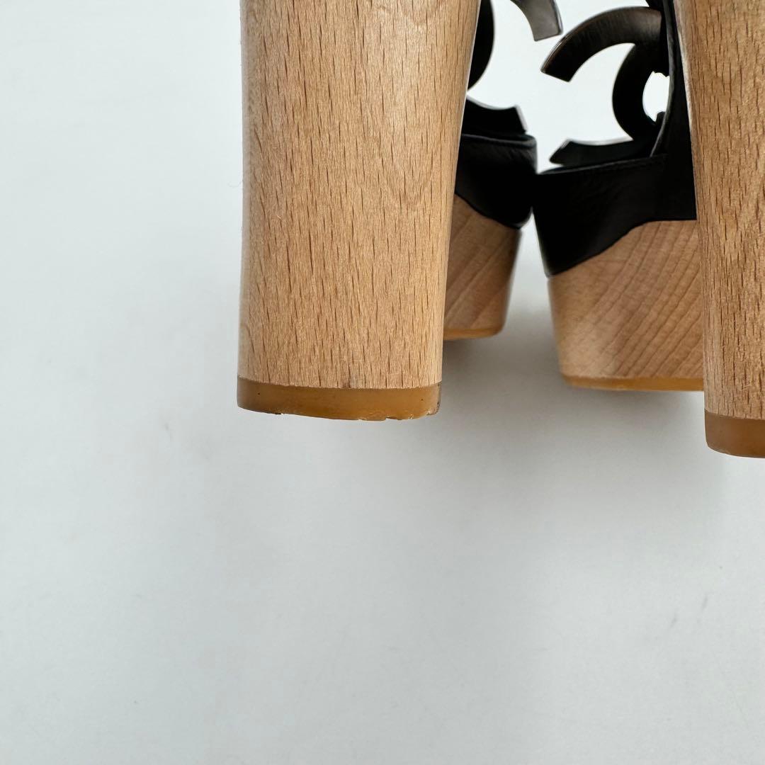 CHANEL サンダル　ココマーク　ブラック　レザー　ウッド　サイズ34 1/2