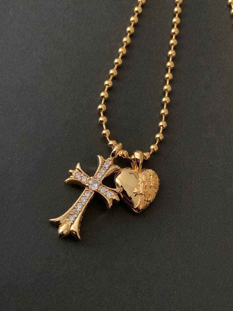 22k クロス　ハート　ボールチェーンネックレス　50㎝