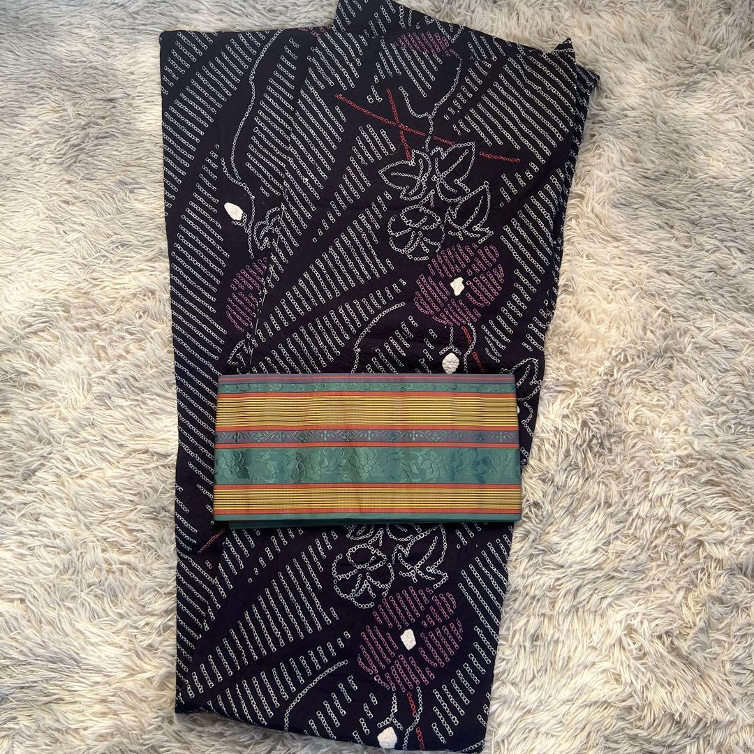 Maakii 有松絞り浴衣半幅帯セット　朝顔　本場筑前博多織　絹　綿　有松