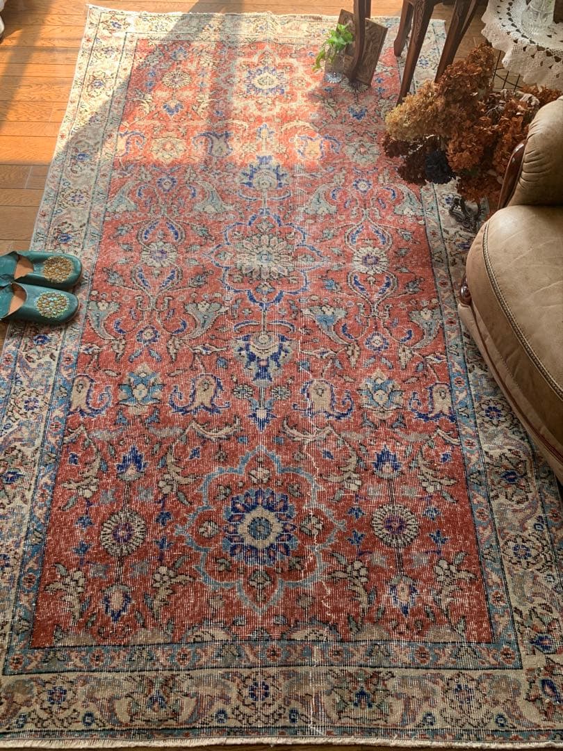 超大判　トルコヴィンテージラグ　234× 132 テラコッタオレンジ　ボタニカル