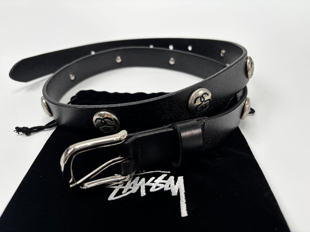Stussy ブラックレザーベルト スタッズ付き SS-LINK