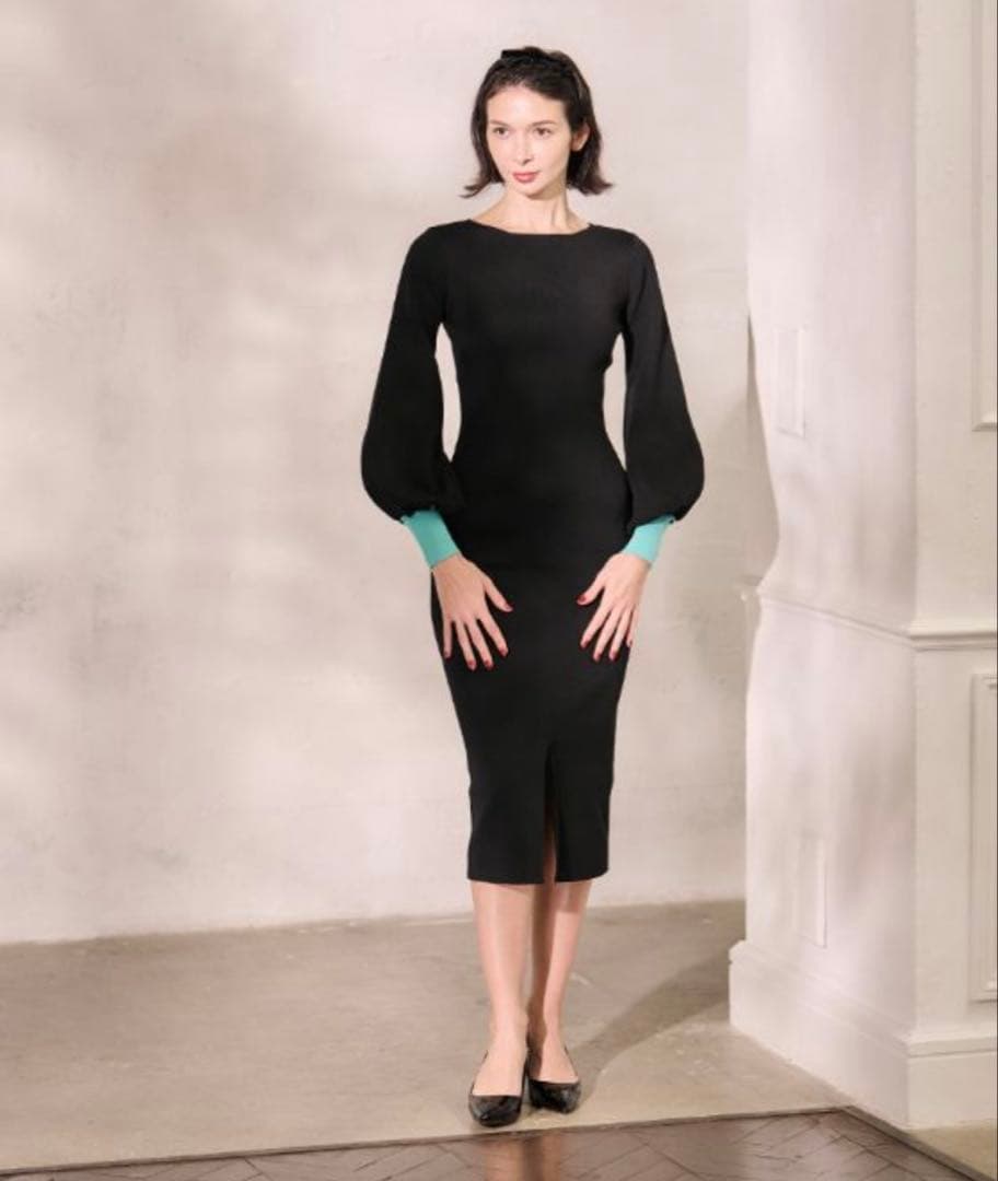 【JENNE】配色カフスニットワンピース　S