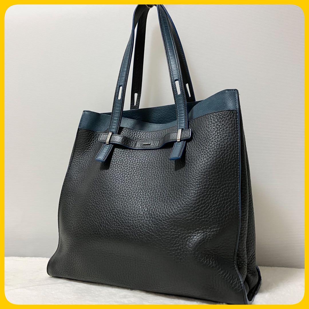 大容量 FURLA ジョーヴェ トート ビジネス バッグ A4 シボ革 黒 青