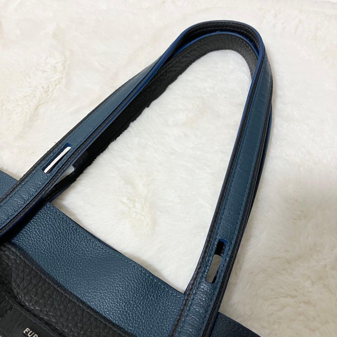 大容量 FURLA ジョーヴェ トート ビジネス バッグ A4 シボ革 黒 青