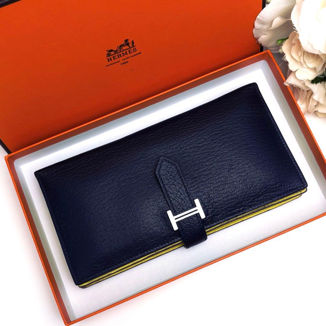 HERMES べアン スフレ 二つ折り 長財布 ネイビー 紺 イエロー 黄色 青