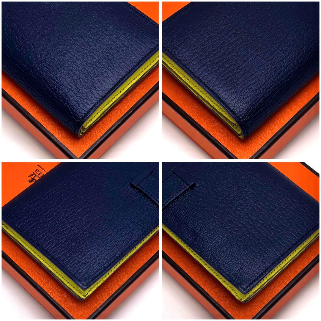 HERMES べアン スフレ 二つ折り 長財布 ネイビー 紺 イエロー 黄色 青