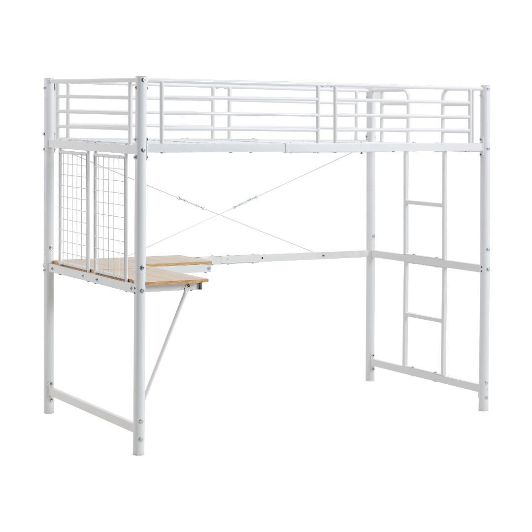 赤字SALE！ロフトベッド シングル デスク・スチールネット・収納付きWHITE