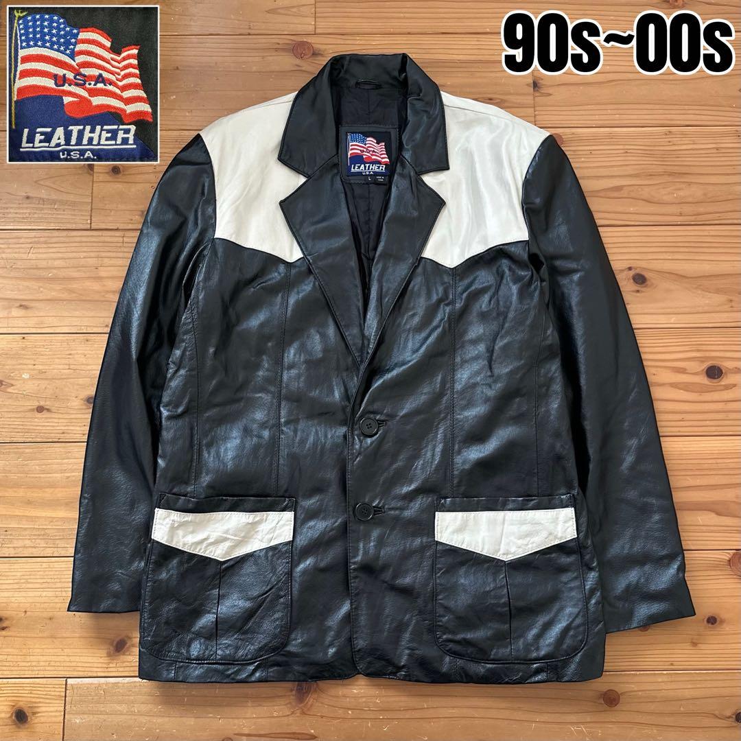 希少 90s~00s 2トーン 切り替え レザー スポーツジャケット カーコート