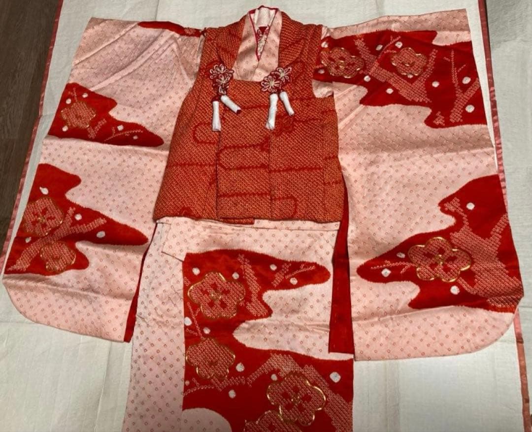 超豪華　七五三着物フルセット　着物被布長襦袢半襟付総絞り染め分け金糸3歳着物
