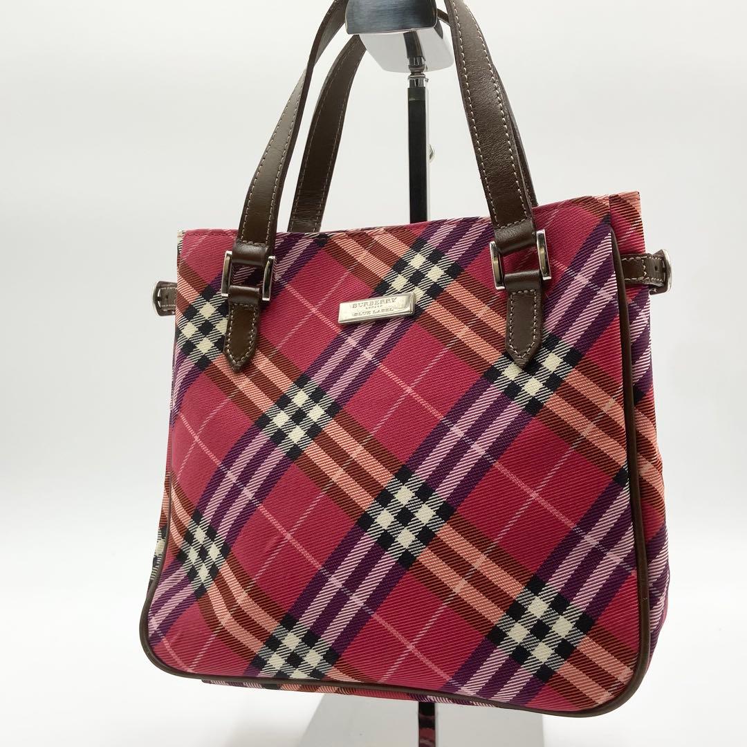バーバリーブルーレーベル　ハンドバッグ　ミニトート　チェック　キャン　赤