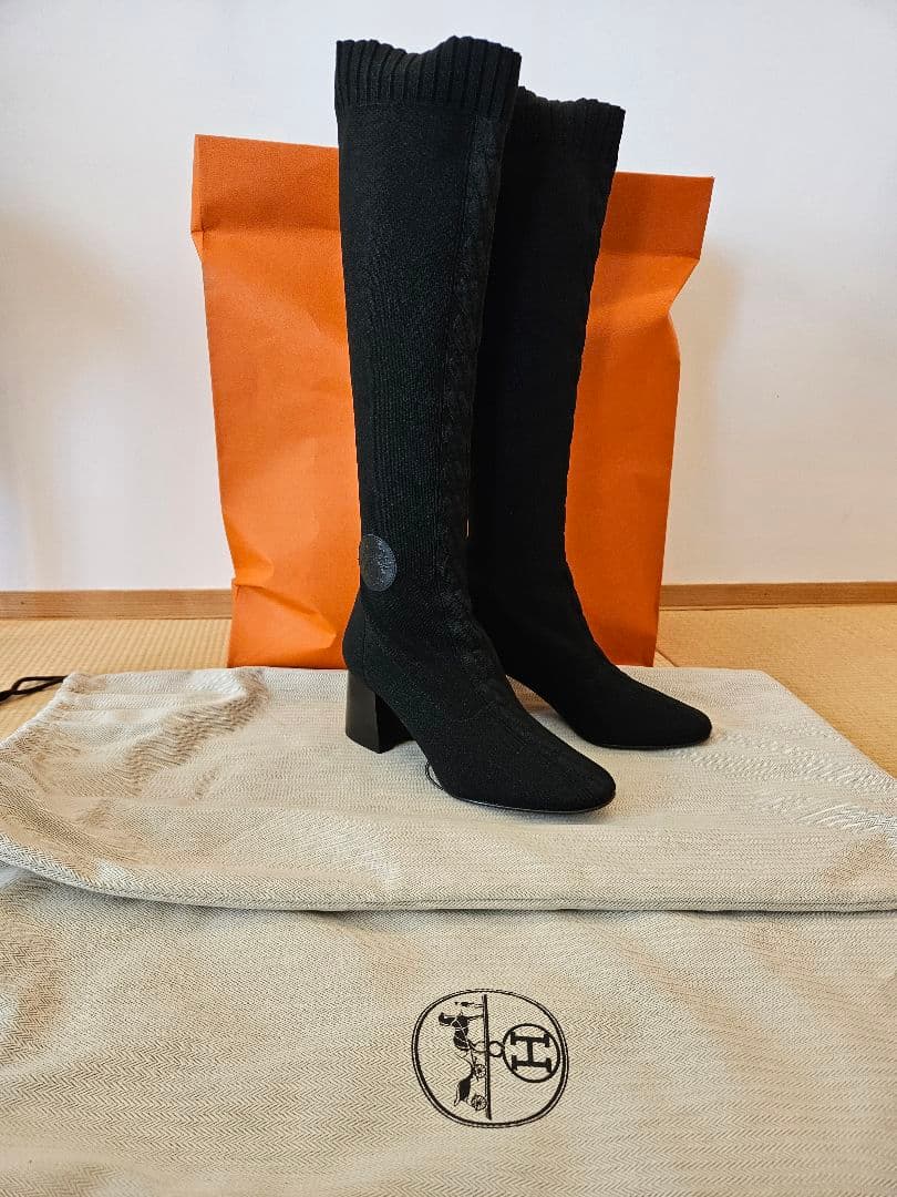 エルメス　フォンティーヌ　ロングブーツ　ニットブーツ　黒　ヒール