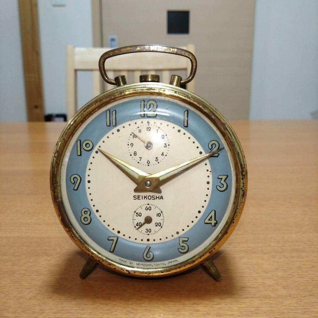 ◆昭和レトロ◆時代物◆ビンテージ◆精工舎◆目覚まし時計◆ゼンマイ式◆水色と金色