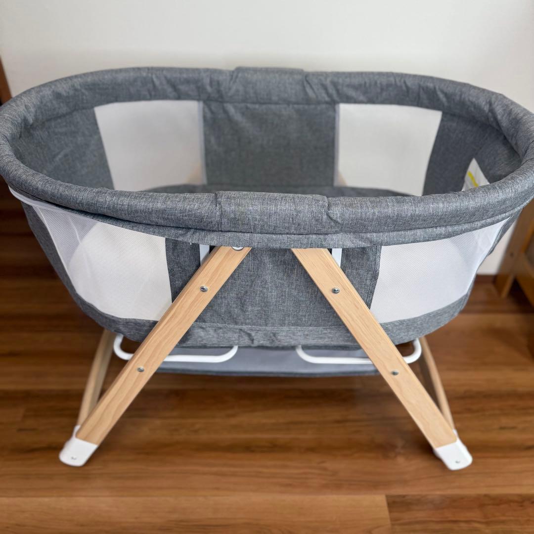 折りたたみ式ベビーベッド 収納かご付き グレー コンパクト