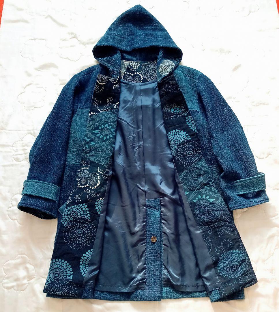 古布 リメイク 藍染 型染 パッチワーク ウール ダッフルコート 大きいサイズ