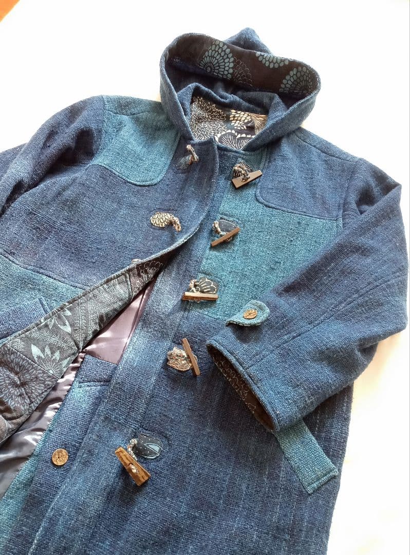古布 リメイク 藍染 型染 パッチワーク ウール ダッフルコート 大きいサイズ