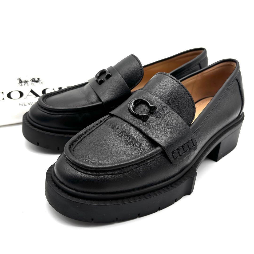 未使用保管品 コーチ リア ローファー C金具 レザー レディース 23cm 黒