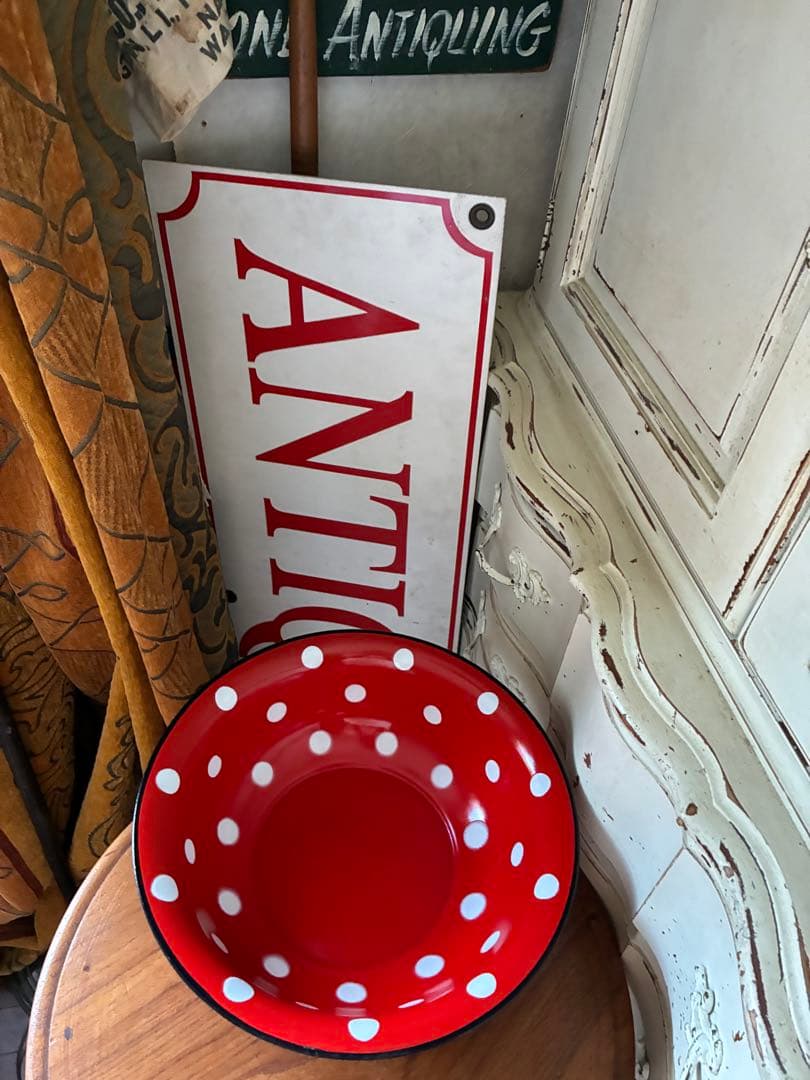 カバトンアンティーク　可愛い　ホーロー　ドット　水玉　洗面器　タライ　レア