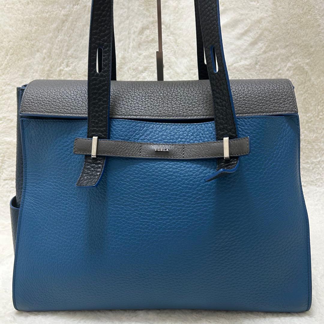 美品✨フルラ ジョーヴェ トートバッグ シボ革 大容量 ブルー グレー ネイビー