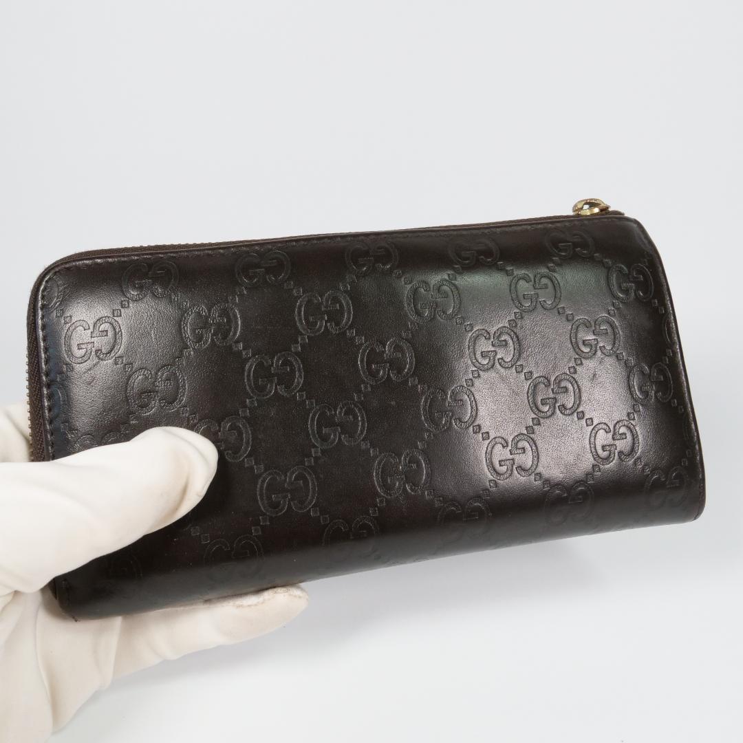 美品✨グッチ 長財布 シマ レザー GG柄 L字ファスナー ダークブラウン