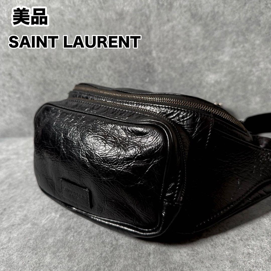 美品 サンローラン ロゴ エンボス レザー メンズ ウエスト ボディバッグ 黒