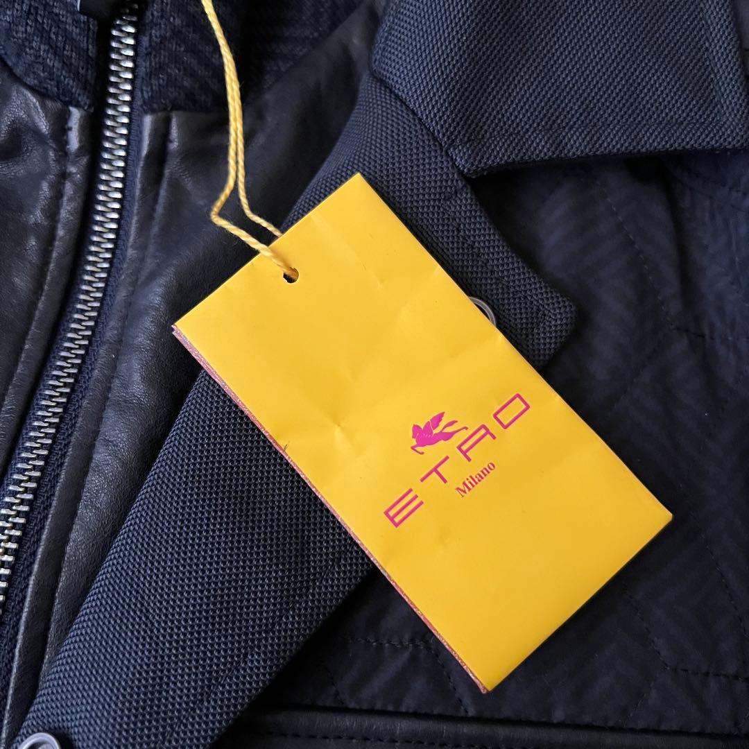ほぼ未使用 ETRO レザー キルティングジャケット レイヤード M ネイビー